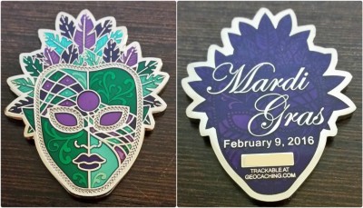 Geoswag CP Club February 2016 - Mardi Gras Geocoin.jpg